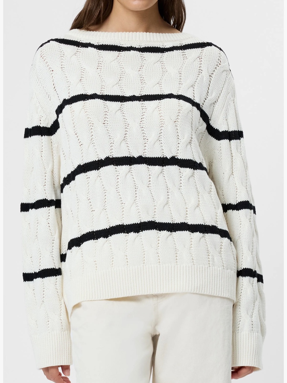 French Connection Mozart Stripe Cable Stitch Cotton Boat Neck Sweater